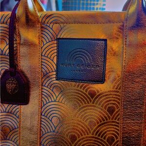 Kurt Geiger Metallic Gold Tote Bag with Art Deco Design and Messenger Strap